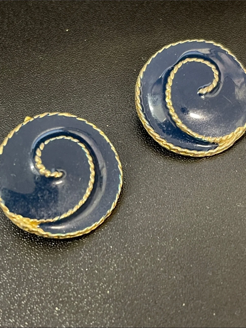 Navy Enamel and Gold Swirl Clip-On Earrings